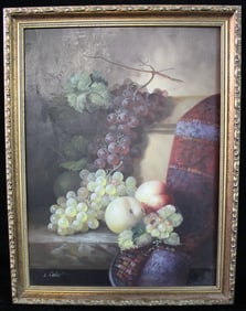 L. CANDY (AMERICAN, 20TH C), OIL ON BOARD, STILL LIFE WITH GRAPES AND APPLES