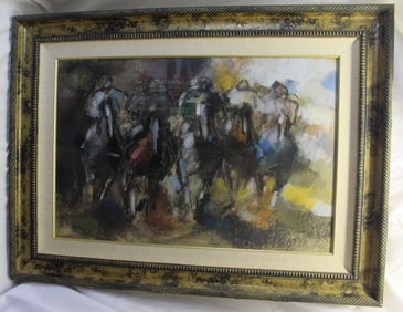 D.G. KESTORICK, OVERSIZED MIDCENTURY STYLE PASTEL ON PAPER, "MOUNTAIN AND GARDEN"