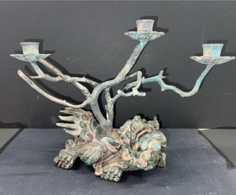 CHINESE BRONZE FOO DOG 3 ARM CANDELABRA
