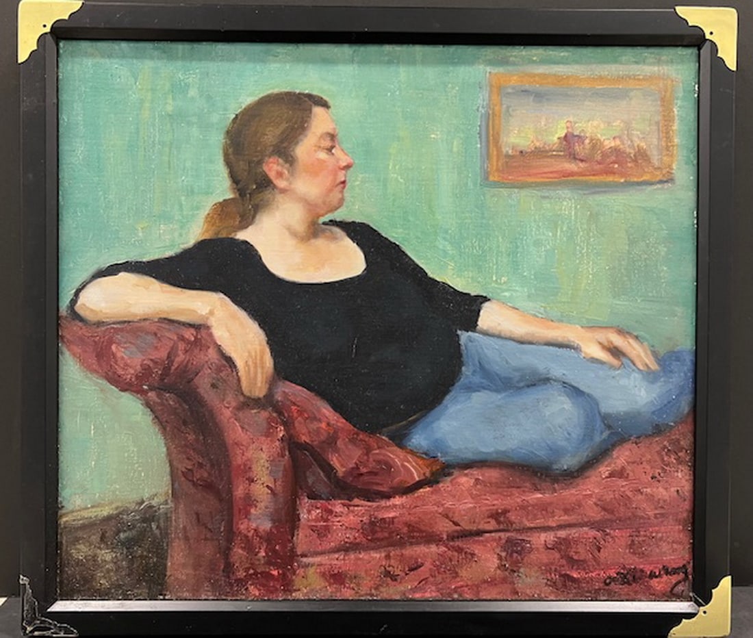 IMPRESSIONIST OIL ON BOARD OF RECLINING WOMAN "REPOSE" BY OKKI WHANG: This impressionist oil painting, titled "Repose," showcases the serene beauty and contemplative mood of a woman reclining on a plush red sofa. The artist, Okki Whang, has skillfully captured the subje