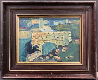 MID CENTURY EXPRESIONIST OIL ON CANVAS LANDSCAPE IN BLUES SIGNED A. TSARFATY,