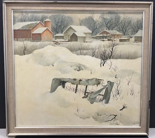 AMERICAN OIL ON BOARD IMPRESSIONIST LANDSCAPE OF RURAL FARM WITH SNOW BY WALTER PARKE