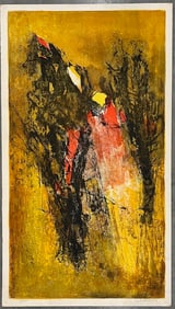 ABSTRACT LANDSCAPE LITHOGRAPH IN BLACK, YELLOW AND RED SIGNED AND NUMBERED 26/120 BY ARTIST HOI