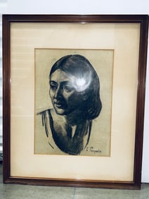SEMI CUBIST MODERN CHARCOAL PORTRAIT OF A LADY SIGNED BY ARTIST CONSTANTINE POUGIALIS