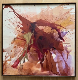 MODERN ABSTRACT OIL ON CANVAS WITH RED AND PURPLE IN THE MANNER OF PAUL JENKINS