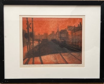 COLOR INDUSTRALIST ENGRAVING OF LIRR YARD IN LONG ISLAND CITY, NY. MARKED AS COLOR PROOF AND SIGNED