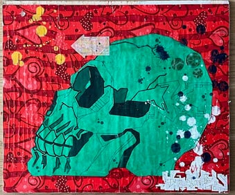 POP ART SKULL COLLAGE MULTIMEDIA ON FOAM BOARD ADHERED TO WOOD BY STREET ARTIST KAPONE