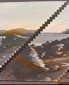 AMERICAN REALIST ROCKY SEASCAPE OIL ON BOARD CANVAS BY HELEN RUNDELL