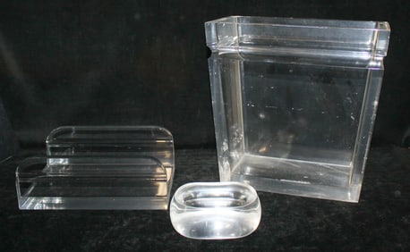 CLEAR LUCITE SET- WASTEPAPER BASKET, TISSUE HOLDER AND SOAP DISH, SOME SCUFFS ON BIN