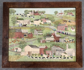 COUNTRYSIDE VILLAGE OIL ON BOARD  IN THE STYLE OF GRANDMOTHER MOSES, SIGNED BY ARTIST ARLENE FISHER
