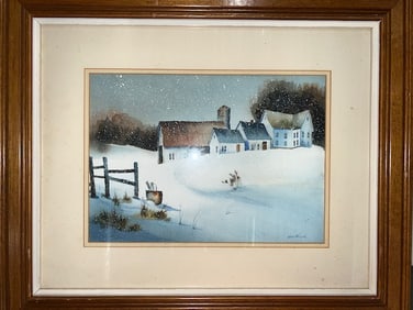 IMPRESSIONIST LANDSCAPE OF SNOW COVERED FARM WATERCOLOR ON PAPER BY OWEN WEXLER