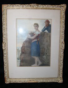 "SEAMAN AND MAIDEN" - PASTEL ON PAPER IN ORNATE GILT FRAME WITH LOSSES, 10.75 X 7.75 IMAGE, 17.75 X