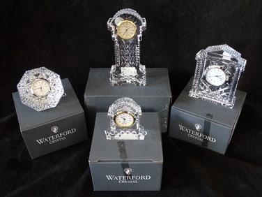 GROUP OF 4 BOXED WATERFORD CRYSTAL CLOCKS INCLUDING GRANDFATHER CLOCK