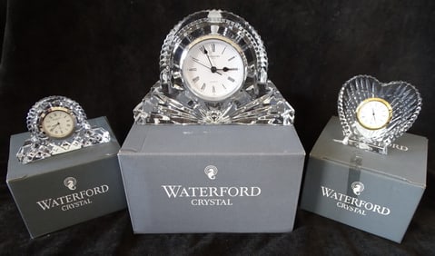 GROUP OF 3 BOXED WATERFORD CRYSTAL CLOCK INCLUDING LARGE SILVER RIMMED COTTAGE CLOCK