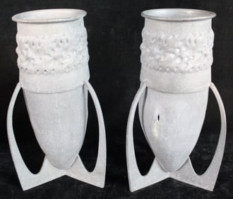 TWO TRENCH ART ZINC THREE ARMED VASES, SOME BOWING AND SPLITTING ON ONE