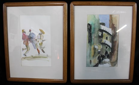 TWO SIGNED JUDIACA WATERCOLORS FEATURING DANCING RABBIS AND STREET SCENE