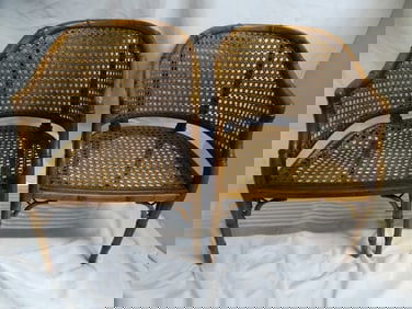 PAIR FRENCH FAUX BAMBOO CANED TUB CHAIRS