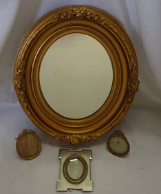 OVAL GILT FRAME EASEL MIRROR AND 3 DIMINUTIVE EASEL FRAMES