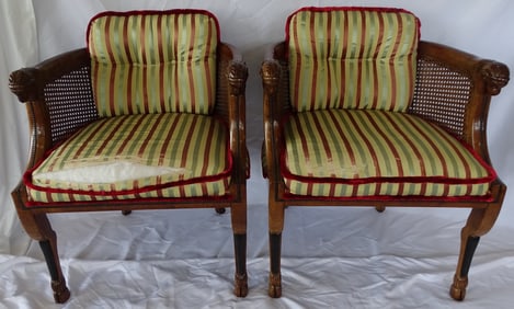 ESTATE OF DENNIS P. RODANO SR: PAIR FRUITWOOD RAMS HEAD FIGURAL CANED AND UPHOLSTERED TUB CHAIRS