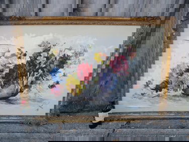 XL FRAMED, ANOUSH SIGNED OIL ON CANVAS STILL LIFE W/ROSES (ANOUSH RAHNARVARDKAR)