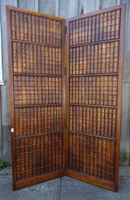 TWO PANEL WOODEN FOLDING SCREEN WITH UNIQUE BOOK SPINE MOTIF