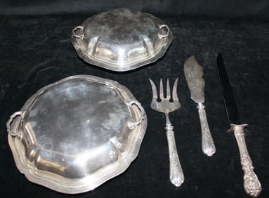 COLLECTION OF SILVER PLATE SERVING PIECES WITH ONE STERLING SILVER CARVING KNIFE