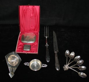 COLLECTION SILVER PLATE CIGARETTE CASE AND WMF TEA STRAINER AND ONE STERLING TEA STRAINER