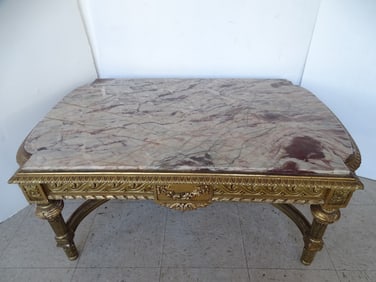 ANTIQUE CARVED GILT WOOD MARBLE TOP TABLE