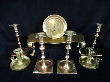 IMPRESSIVE GROUPING OF ANTIQUE BRASS AND COPPER ITEMS INCLUDING SHIPS CLOCK CASE