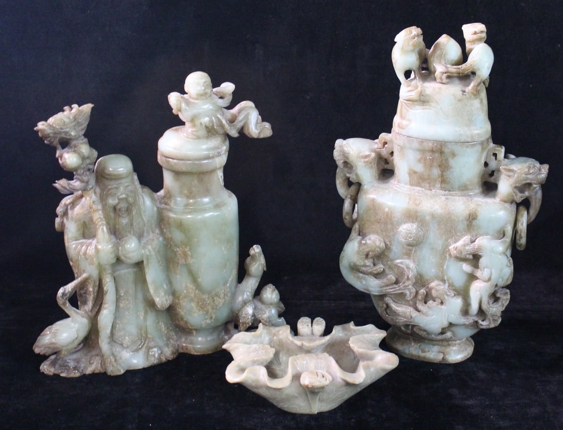 3 PIECES OF JADEITE & SOAPSTONE - CHINESE, 2 CENSORS & 1 BOWL (1 of 20)