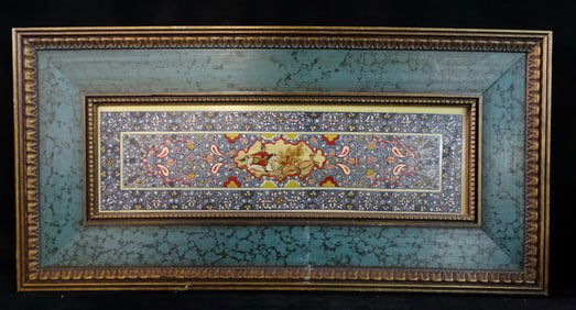 ENAMEL OF VELLUM PERSIAN HUNTING SCENE W/PAINTED AND CARVED FRAME