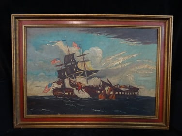 S. ESCADERO SIGNED OIL ON CANVAS "AMERICAN GALLEON UNDER FIRE"