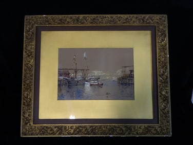 EDMUND DARCH LEWIS, WATERCOLOR WHARF SCENE 1881