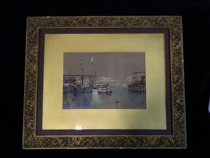 EDMUND DARCH LEWIS, WATERCOLOR WHARF SCENE 1881: This exquisite watercolor painting by Edmund Darch Lewis, titled "Wharf Scene," captures the serene beauty of a bustling harbor. Dated 1881 and measuring 20 3/4 inches by 24 1/2 inches, the artwork de