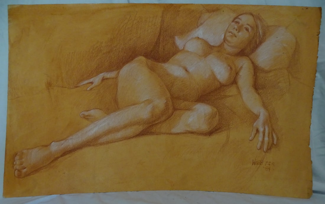JEFF WEBB PSA SIGNED RECLINING NUDE (1984): This rare 1984 reclining nude by Eff Webb is a testament to the artist's mastery of form and line. The figure, rendered in a bold and expressive style, exudes a sense of sensuality and grace. Webb's s