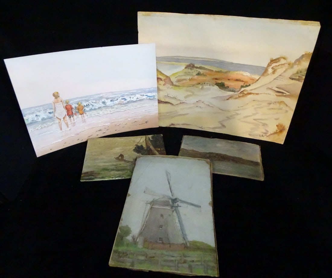 GROUP OF 5 PAINTINGS, INC. 2 WATERCOLORS (ONE WITH PAINT SIGNED CARL BUCK ON VERSO) & 3 OIL ON BOARD: GROUP OF 5 PAINTINGS, INC. 2 WATERCOLORS (ONE WITH PAINT SIGNED CARL BUCK ON VERSO) & 3 OIL ON BOARD MASONITE 15" X 20" LARGEST