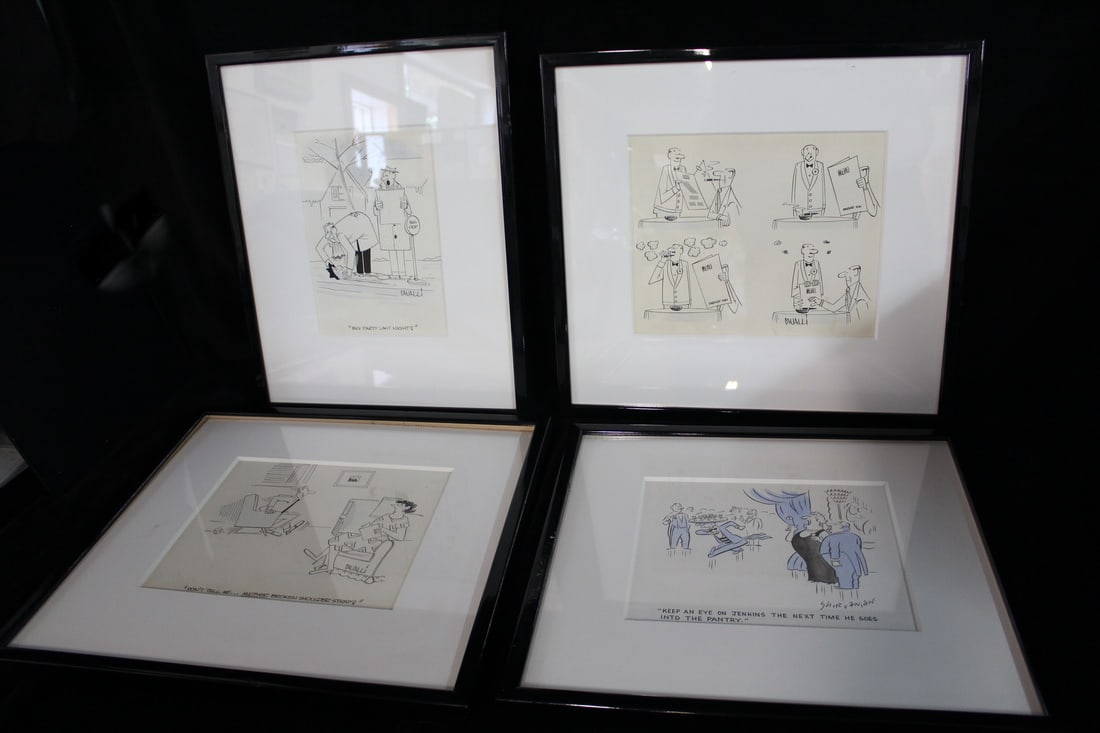 CARTOON ART: FOUR HAND DRAWN AND SIGNED VINTAGE CARTOONS, INC.THREE CAVALLI AND ONE VAHAN: CARTOON ART: FOUR HAND DRAWN AND SIGNED VINTAGE CARTOONS, INC.THREE CAVALLI AND ONE VAHAN CHIRVANYAN, 17 X 16 OVERALL