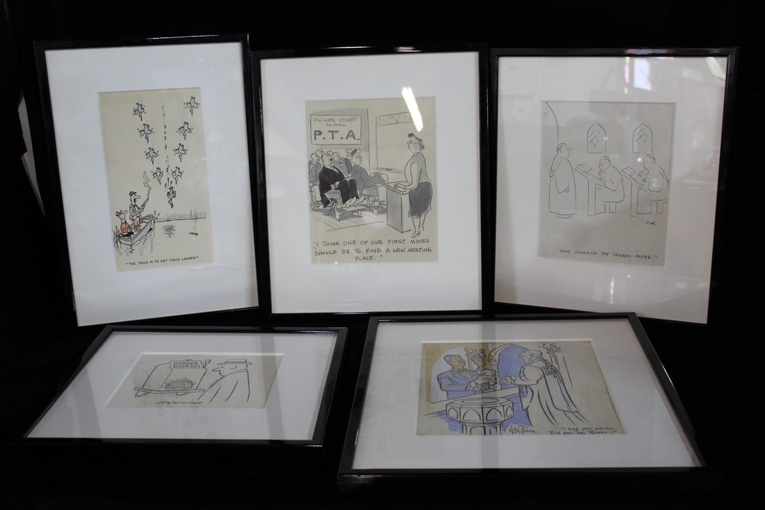 CARTOON ART:  FIVE HAND DRAWN AND SIGNED VINTAGE CARTOONS, INC.. GEORGE PRICE, LAMB, MCCALLISTER, (1 of 11)