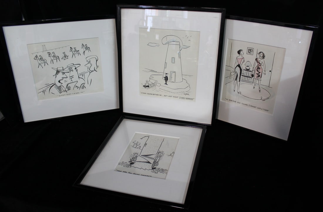 CARTOON ART: FOUR HAND DRAWN AND SIGNED VINTAGE CARTOONS, INC..VIRGIL PARCH, LAMB, RAY HELLE, 18 X: CARTOON ART: FOUR HAND DRAWN AND SIGNED VINTAGE CARTOONS, INC..VIRGIL PARCH, LAMB, RAY HELLE, 18 X 15 OVERALL