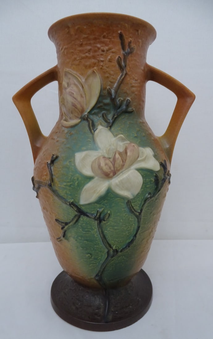 ROSEVILLE FLOOR VASE, MAGNOLIA TERRA COTTA ART POTTERY, MODEL 98-15. (1 of 10)
