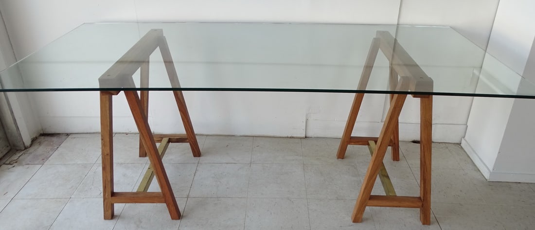 CONTEMPORARY SAWHORSE TABLE WITH GLASS TOP (1 of 15)