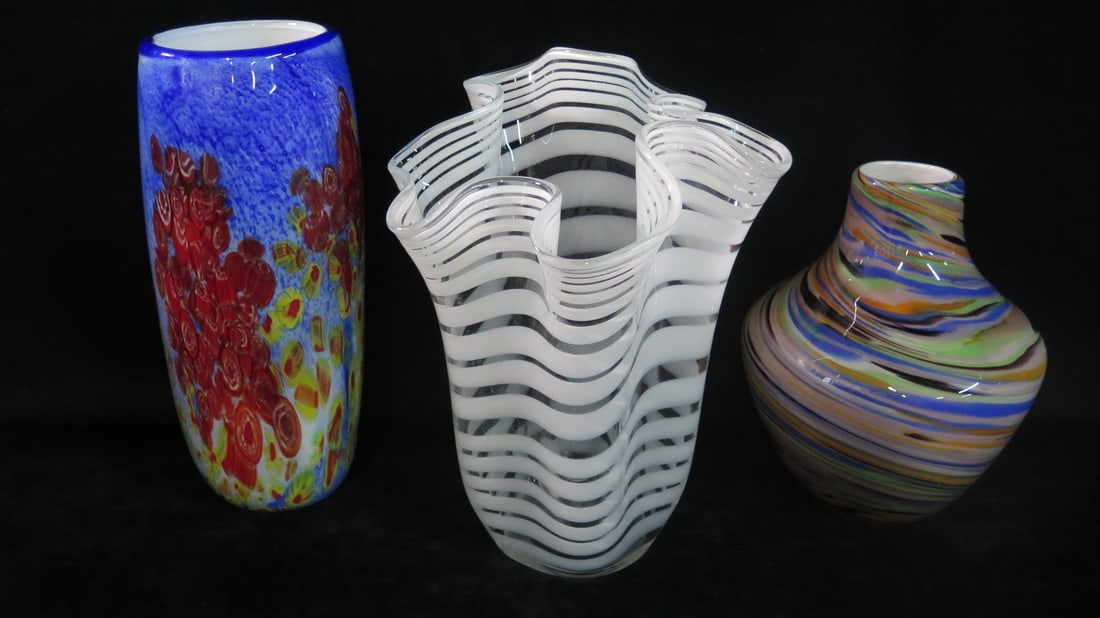COLLECTION OF THREE MILLEFIORI/ MURANO STYLE ART GLASS VASES (1 of 17)