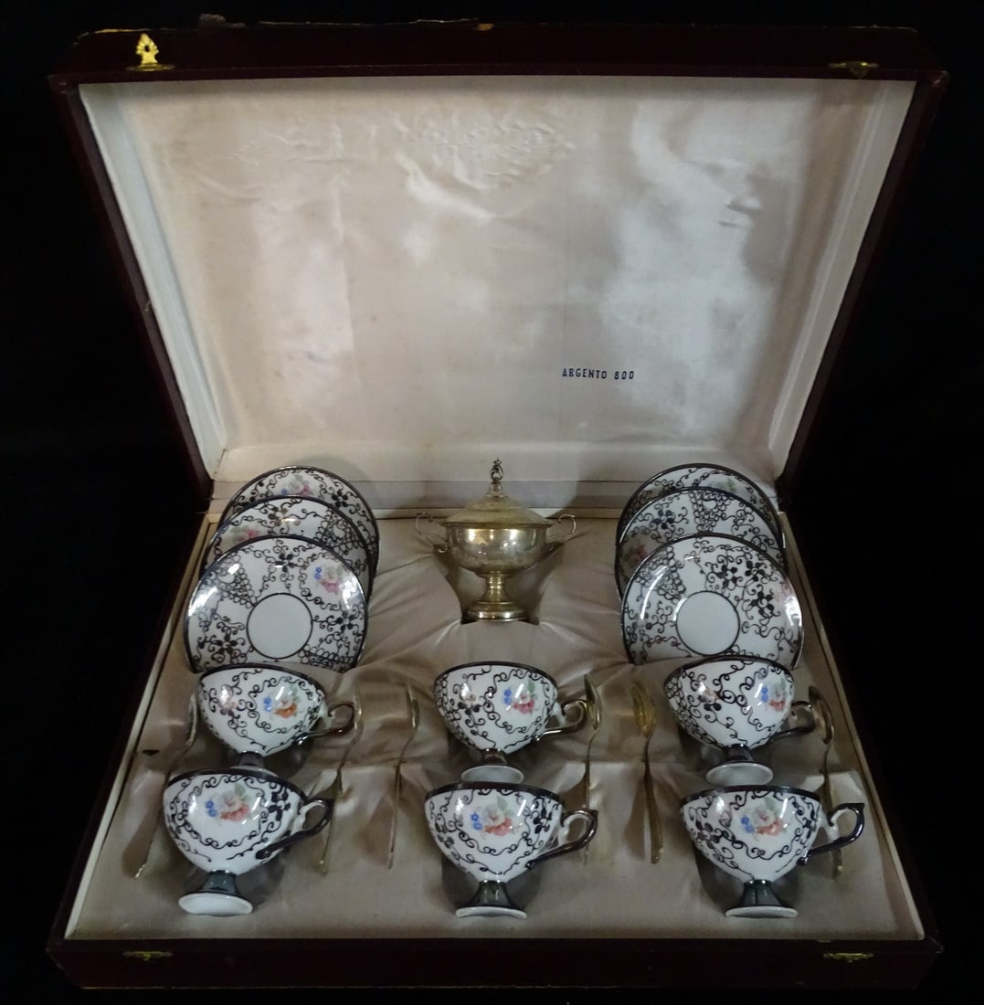 ITALIAN HANDPAINTED PORCELAIN TEA SET W/SILVER OVERLAY AND 800 SILVER SUGAR BASIN. (1 of 16)