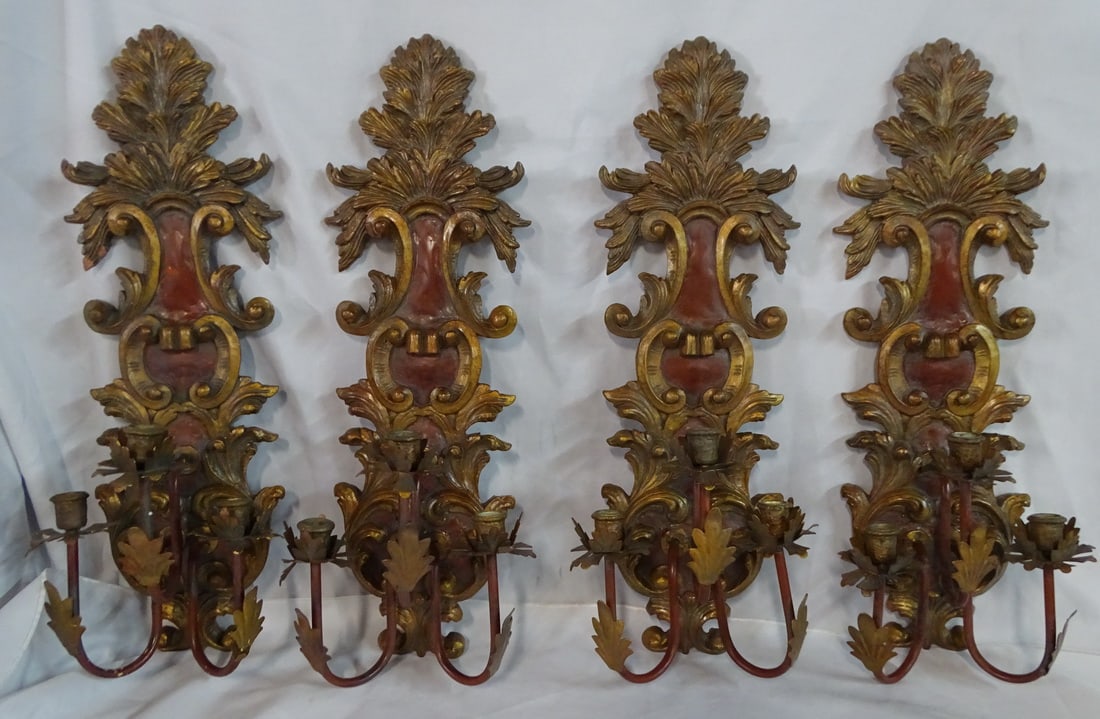 SET OF FOUR ROCOCO STYLE SCONCES WITH GILT AND PAINTED BACK PANES AND 3 TOLE FOLIATE ARMS (1 of 12)