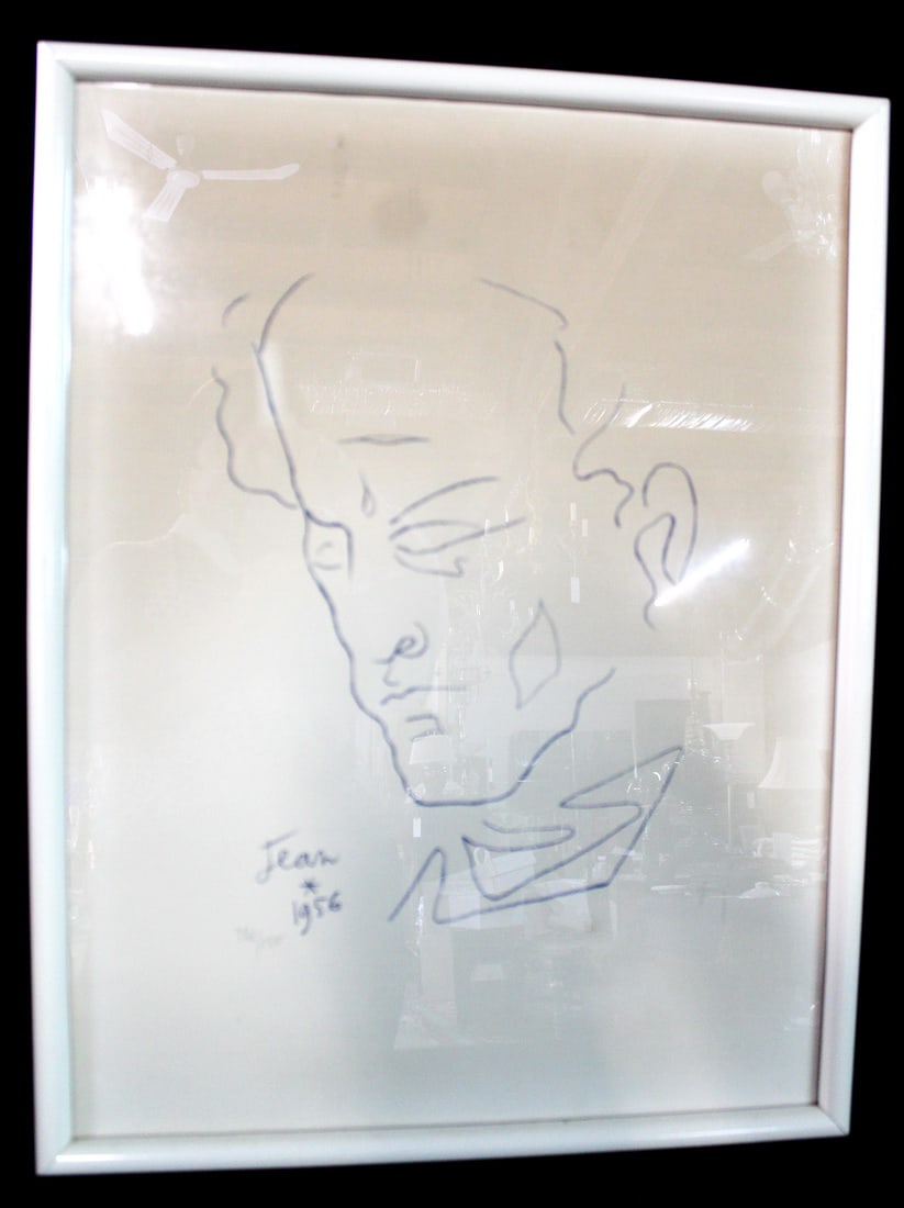 CURATED COLLECTION OF JOSEPH RODANO: "AUTOPORTRAIT IN BLEU", ORIGINAL LITHOGRAPH BY JEAN COCTEAU: This exquisite original lithograph, titled "Autoportrait in Bleu," by the renowned artist Jean Cocteau, is a captivating piece that showcases his distinctive style and artistic vision. The vibrant blu