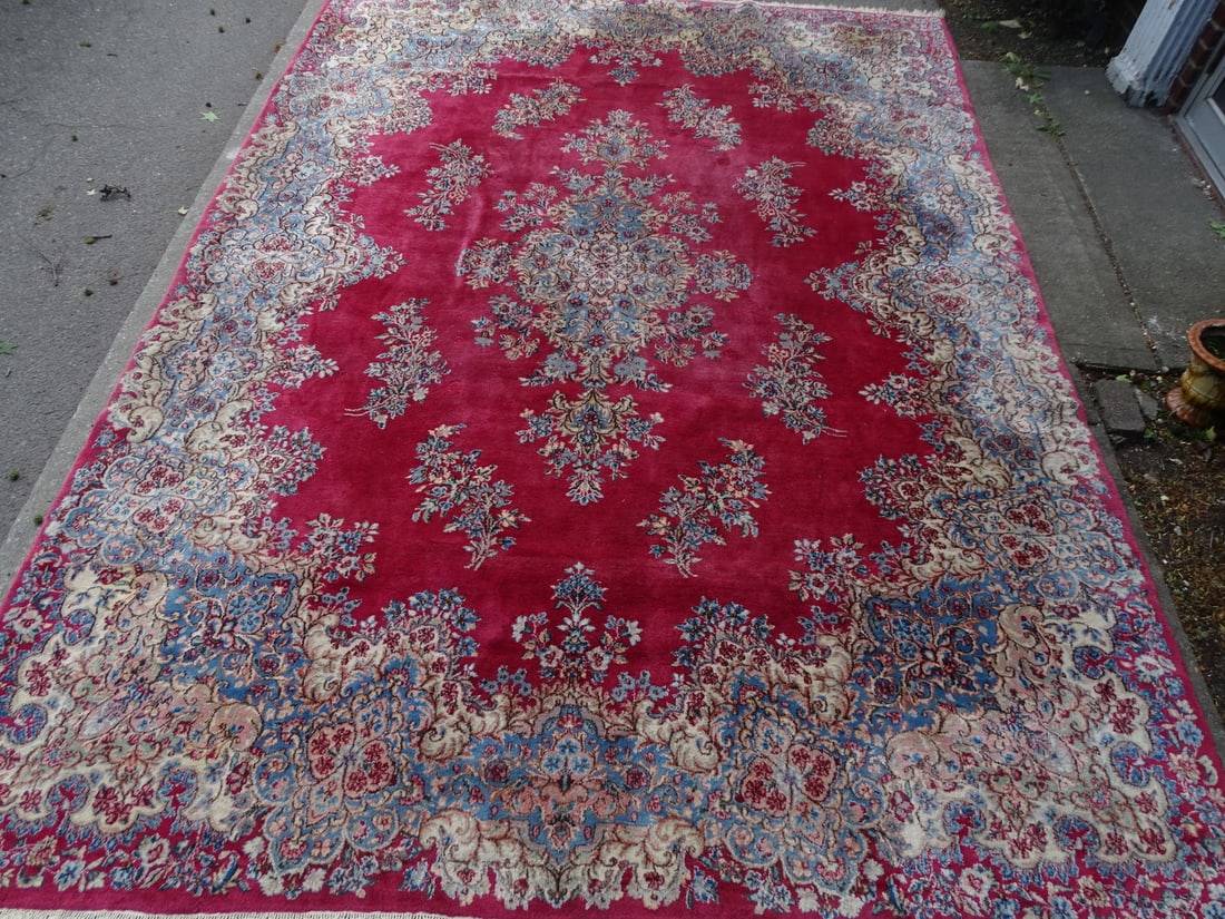 ESTATE OF DENNIS P. RODANO SR.: KERMAN RUG RED GROUND WITH BLUE & BEIGE 144" x 105" (1 of 13)