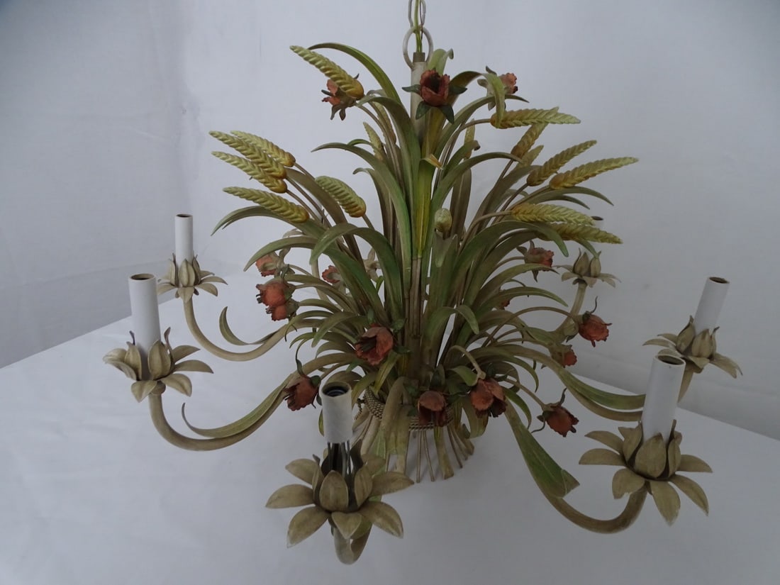 VINTAGE TOLE WHEAT SHEAF AND FLOWER MOTIF EIGHT LITE HANGING FIXTURE (1 of 9)