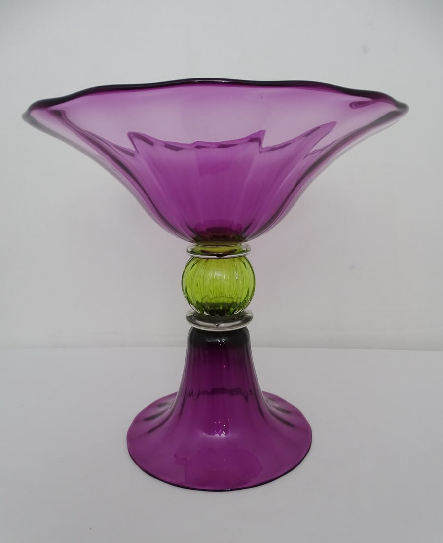 VINTAGE LARGE MURANO STYLE UNION STREET GLASS SIGNED AMD DATED COMPOTE (2001) (1 of 7)
