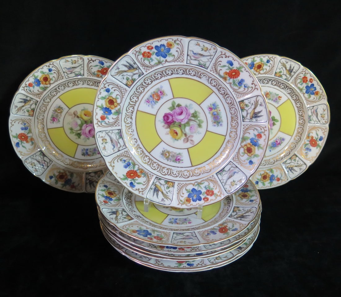 ROSENTHAL BAVARIA PLATES WITH BIRD AND FLOWER BORDER, FLORAL CENTER MEDALLION, MADE FOR OVINGTON (1 of 6)