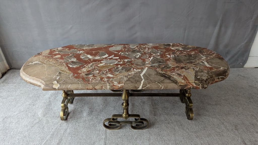 RED MARBLE, VINTAGE COFFEE TABLE WITH BRASS SCROLL LEGS (1 of 6)